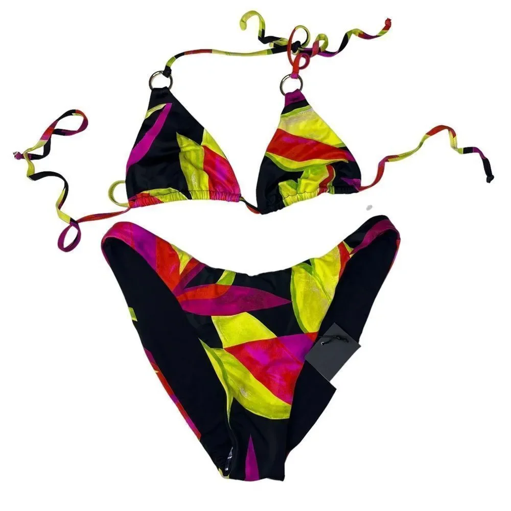 NEW Louisa Ballou Mini Ring Triangle Bikini Electric Pink Flower Medium - Picture 5 of 11